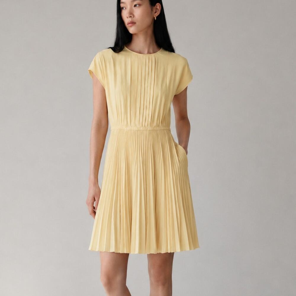 PRADA Pleated Short Sleeves Dress Womens IT40/S Yellow Crew Neck Knee Length